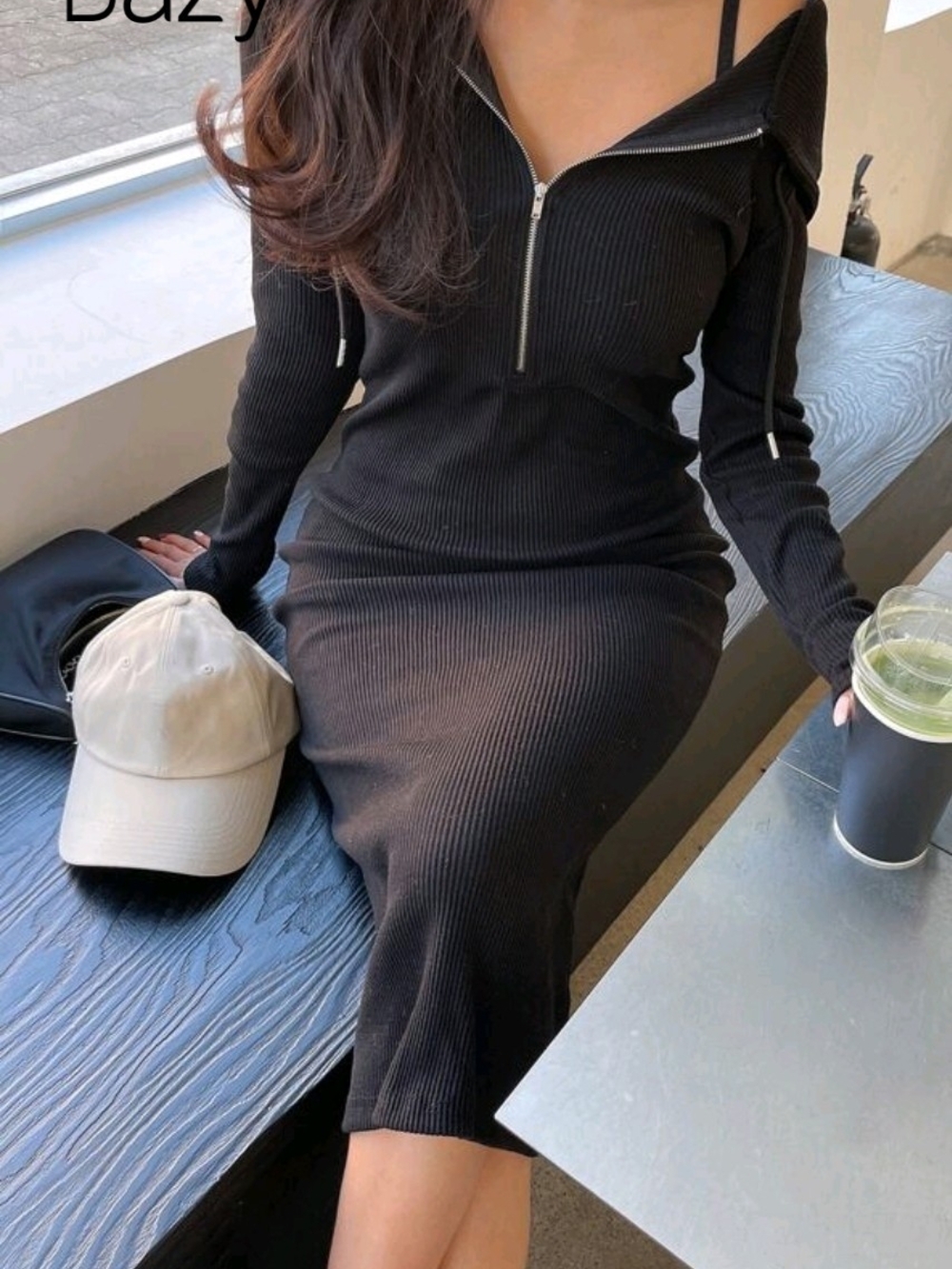 Ribbed Zip-Front Midi Dress With Hood